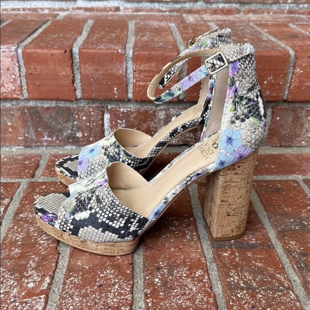 VINCE CAMUTO Ciestie Multicolor Snakeskin Leather Cork Platform Sandals Women 10
